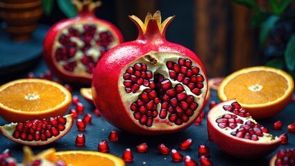 Red pomegranate surrounded by orange slices with seeds spilled around
