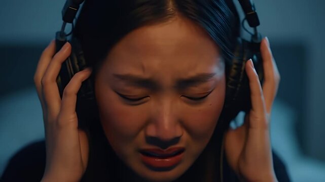 Distressed Asian Woman with Headphones Experiencing Sadness in Dim Blue Lighting