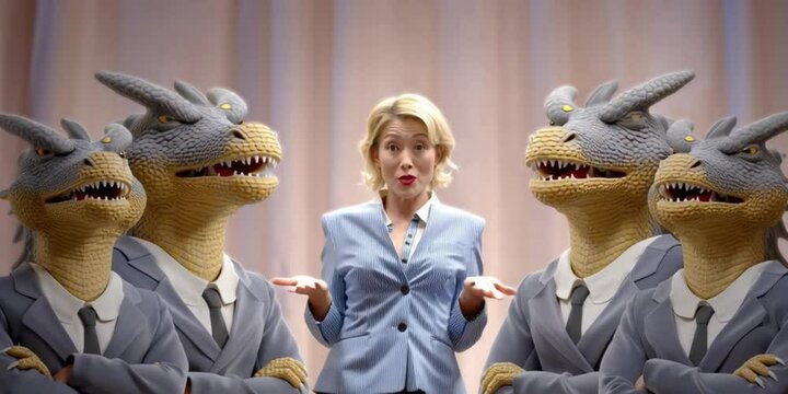A woman entrepreneur is giving her elevator pitch to a group of wealthy dragon investors