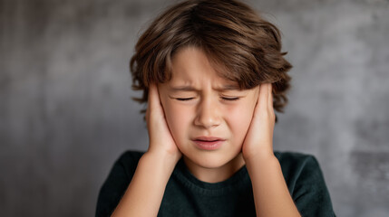Fototapeta premium Upset young boy with a pained expression covering his ears to block out a loud sound