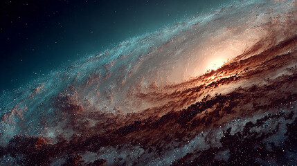 Naklejka premium A solitary planet orbits a vibrant, luminous galaxy in deep space. The cosmic scene features swirling stars, glowing nebulae, and a sense of vast isolation and celestial beauty.