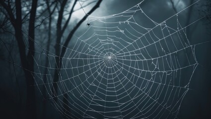 A spider web illuminated in a dark forest setting, showcasing intricate silk threads woven into a complex pattern. Nature and arachnid connection. The concept of web construction and survival.