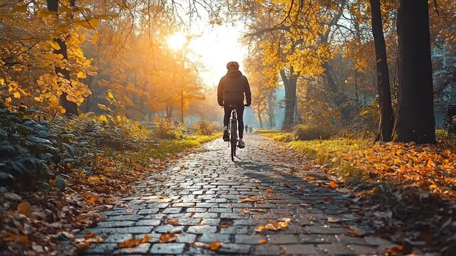 Autumn park bike ride.  Sunlight streams through fall foliage, illuminating a cyclist on a paved path