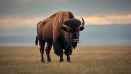 A single bison in an open field under a cloudy sky.