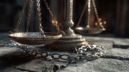 Metallic scales of justice on textured surface, International Criminal Justice Day