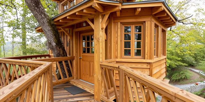 A rustic wooden treehouse