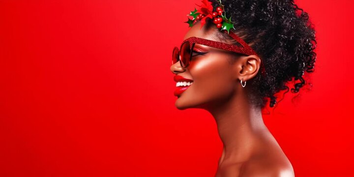 A beautiful black woman model with Christmas holiday mistletoe isolated on red banner