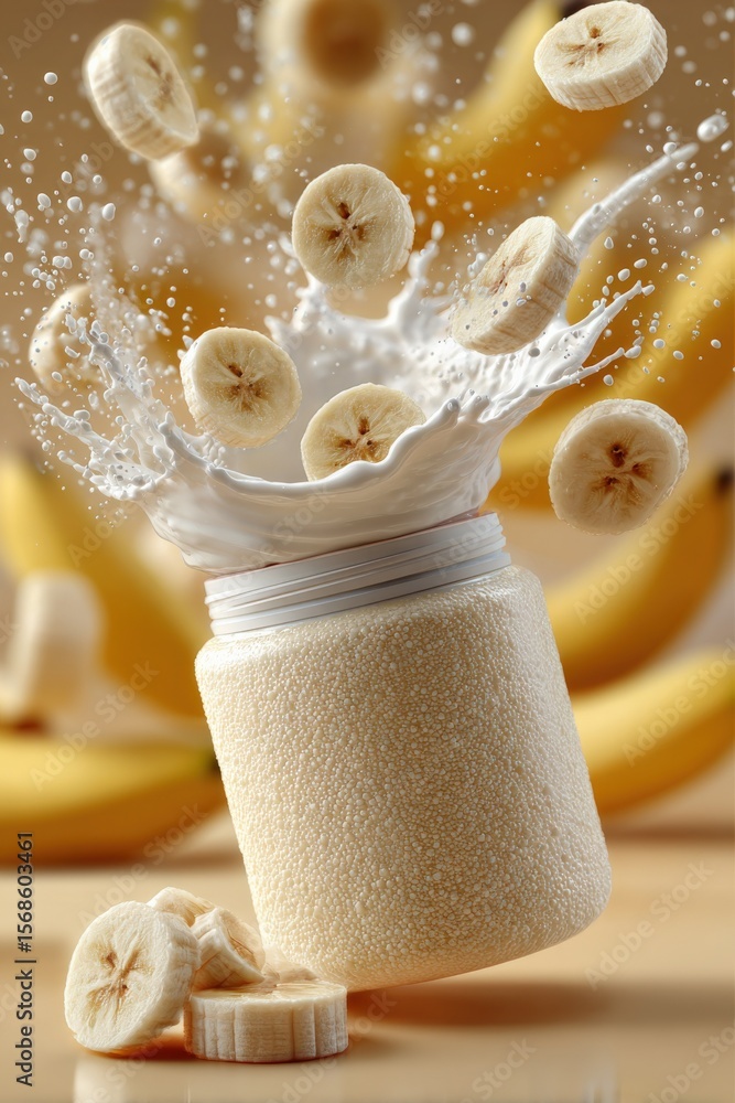 Poster fresh banana slices being poured into a glass jar with splash effect on a wooden surface with ripe b