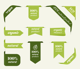 natural tag label and organic label green. modern ribbon banner and badges design.