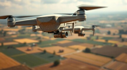 A close-up view of a professional camera drone flying over a vast expanse of agricultural farmland.