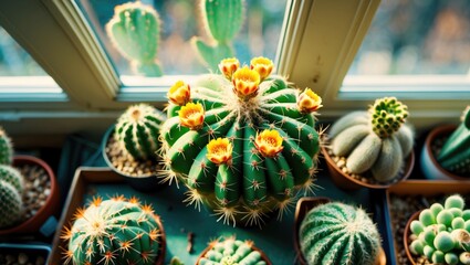 Cactus In Window Light. Top View Style Photo.