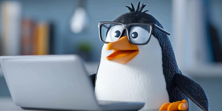 A penguin on a computer with lines of code for unix and penguin computer programming software language