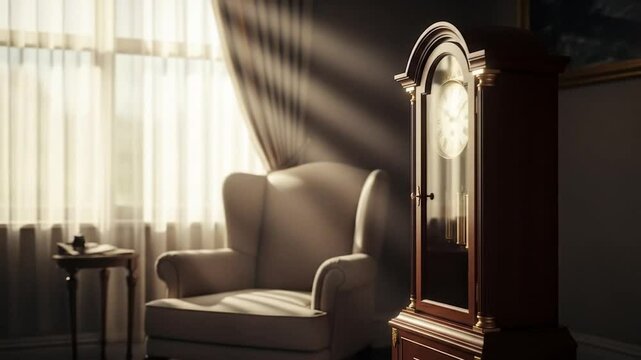 Elegant Grandfather Clock in Sunlit Room: Clock Time