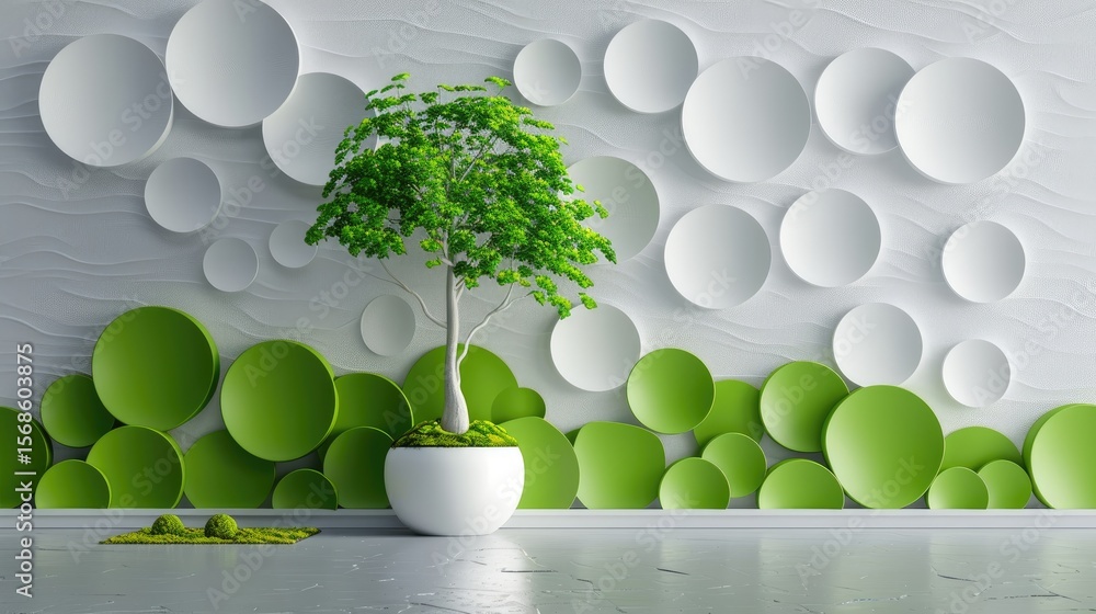Aufkleber minimalist 3d wallpaper with overlapping white and green circles and a stylized tree pattern in the 