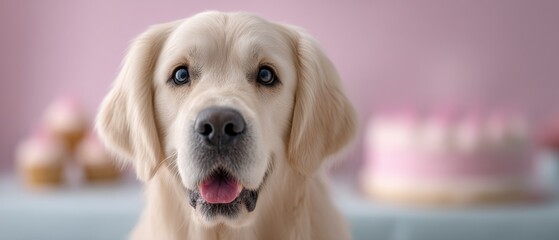 Naklejka na ściany i meble Dog celebrating birthday with cake home setting pet photography joyful atmosphere close-up view love for pets