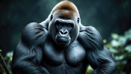 Obraz premium A strong gorilla with muscular build sitting outdoors in a natural setting
