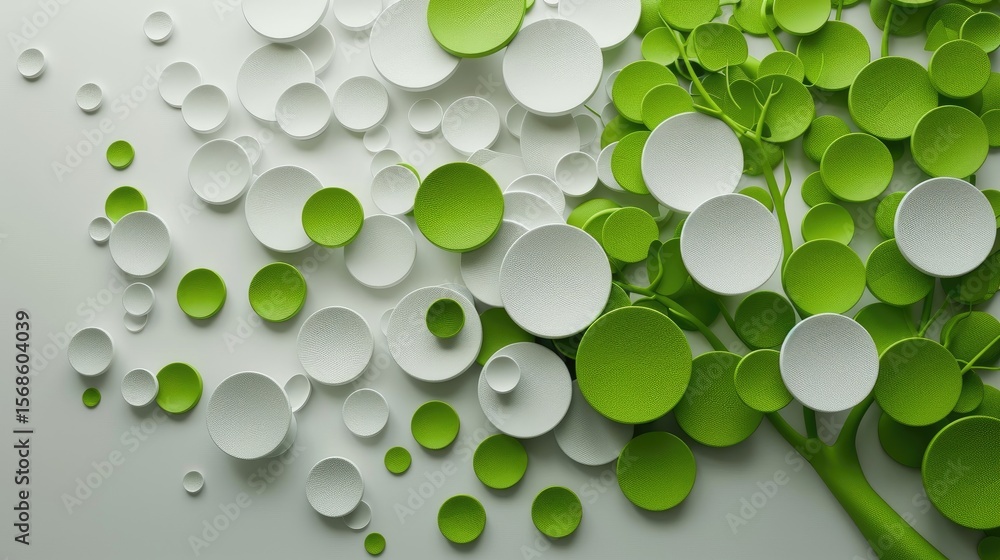 Poster minimalist 3d wallpaper with overlapping white and green circles and a stylized tree pattern in the 