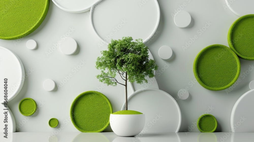 Poster minimalist 3d wallpaper with overlapping white and green circles and a stylized tree pattern in the 