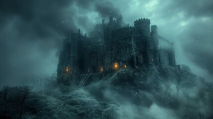 Gothic castle perched on hill shrouded in mist, lit windows, dark skies, eerie