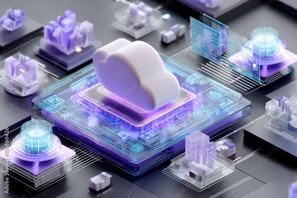 Poster Advanced Cloud Computing Technology Concept with Data Center Servers and Digital Data Networks for Modern Information Technology Infrastructure