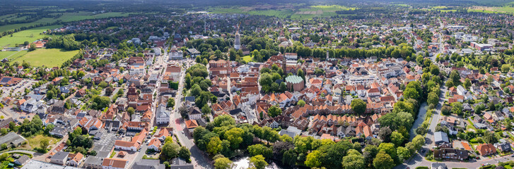 Aerial view of the old town of the city Jever in Germany on a sunny spring morning