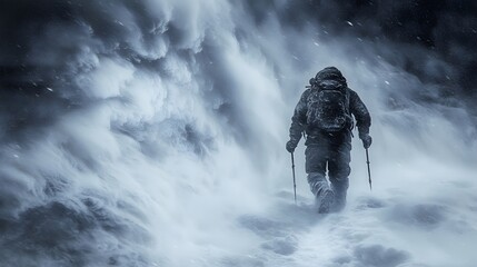 A lone hiker braves a snowy expanse, bundled in winter gear with trekking poles. The weather theme is evident in the falling snow and wintry backdrop, ideal for outdoor adventures.