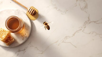 Fototapeta premium Sweet as Honey: A sun-drenched image captures the essence of honey with a bee in flight, a honeycomb, a jar filled with the golden nectar, and a honey dipper on a marble-like surface.
