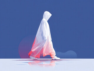 Illustration of translucent raincoat draped on a walking model, neon blue and pink backlighting defining edges