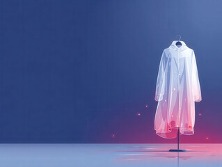 Illustration of translucent raincoat draped on an invisible mannequin, neon blue and pink backlighting defining edges, wet pavement reflection
