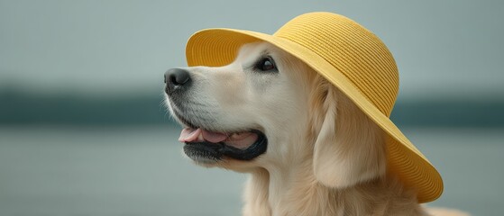 Playful golden retriever enjoys a sunny day at the beach portrait photography blue ocean background close-up perspective