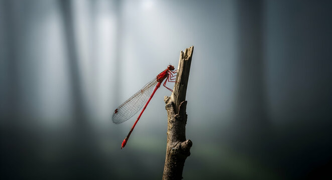 Red Dragonfly in Misty Forest