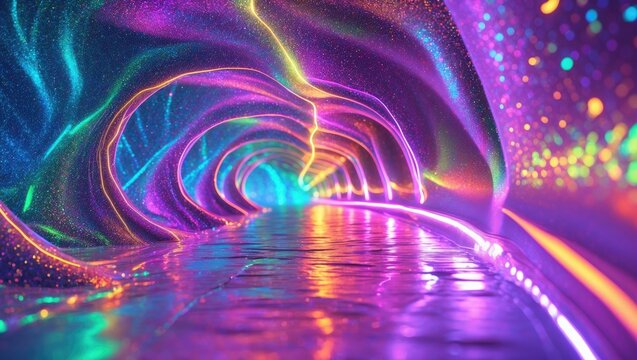 Abstract neon holographic light particle wave background with empty space for text