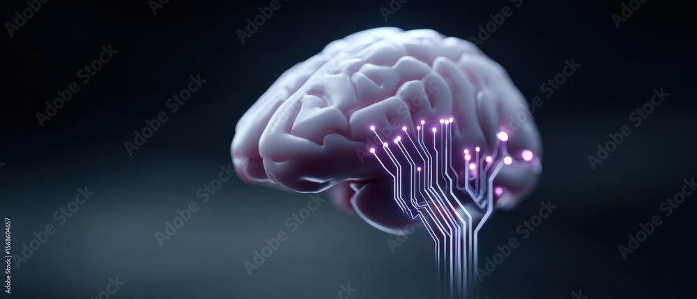 Poster exploring the intersection of technology and neuroscience a digital brain concept in an abstract env