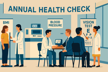 Corporate Health Check-Up Vector Illustration – Flat Style Annual Medical Screening Event in Office