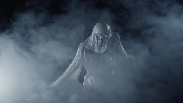 spooky ghost skull face white clothes mist smoke halloween horror fantasy dramatic lighting video