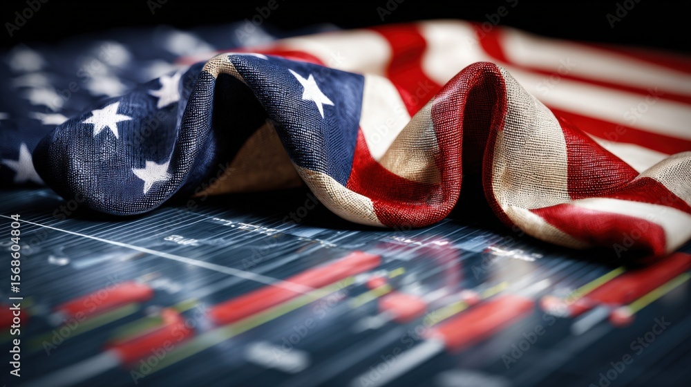 Poster close-up of american flag fabric draped over a sound mixing console with colorful equalizer sliders 