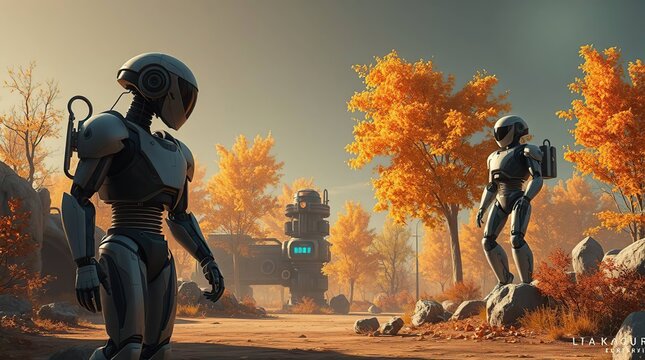 Robots Autumn Landscape Exploration.