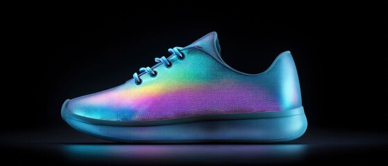 Dynamic rainbow sneakers showcase studio product photography dark background side view innovative design