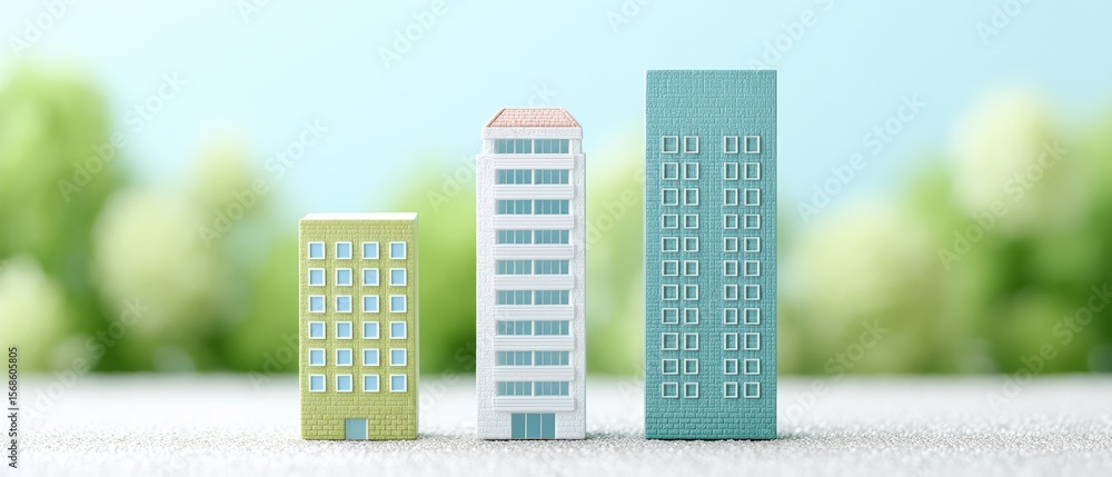 Poster miniature building models display urban setting photography bright environment close-up view archite