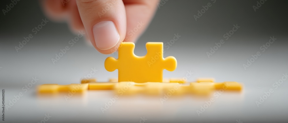Poster puzzle piece placement home workspace photography minimalist environment close-up view focus on prob