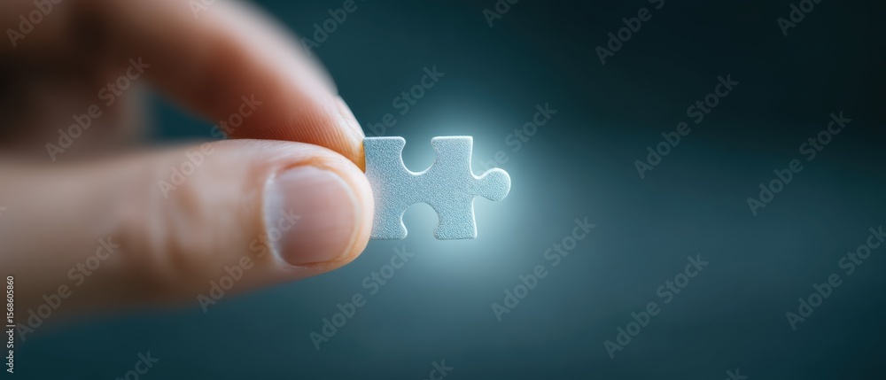 Poster puzzle piece in hand close-up conceptual image dark background personal insight problem-solving appr