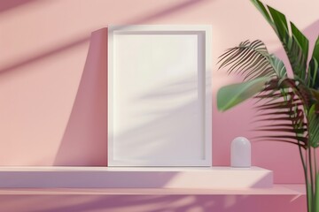 Blank Canvas: A blank picture frame with clean lines sits centered upon a delicate platform bathed in the subtle, soft light