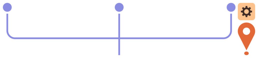 Horizontal timeline with three markers, orange map pin, and gear indicating milestones, tasks, or goals. Ideal for project planning, workflow, innovation, navigation progress goal setting