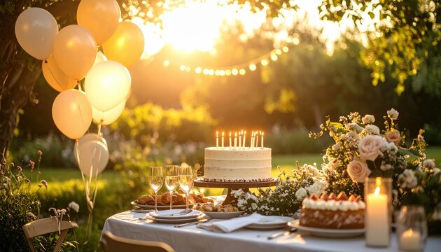 A beautiful outdoor birthday celebration with cakes, candles, balloons, and flowers in warm sunset light.