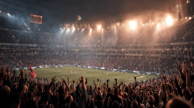 Soccer football game stadium crowd fans cheering lights sport event celebration atmosphere excitement