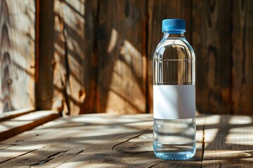 Hydration Oasis: A pristine plastic bottle of pure, refreshing water stands on a rustic wooden surface, basking in the warm embrace of sunlight, conveying health and vitality.