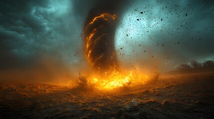 A fiery tornado sweeps a desolate land under stormy skies, a dramatic weather event. The swirling flames and scattered debris create an ominous, powerful scene. Weather Theme