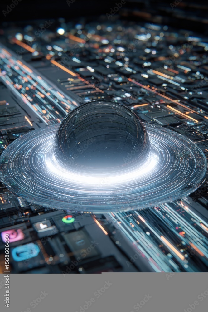 Leinwandbilder futuristic digital technology concept with a black hole surrounded by glowing circuitry and network 