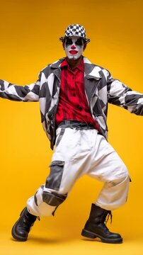 An urban hip-hop clown dances on yellow