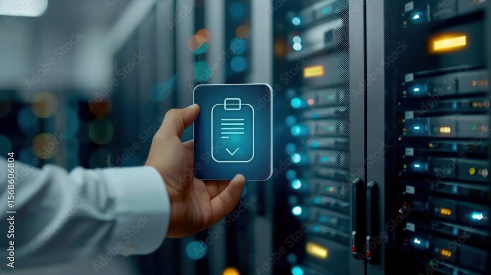 Poster data management action in server room technology sector digital interface corporate environment clos